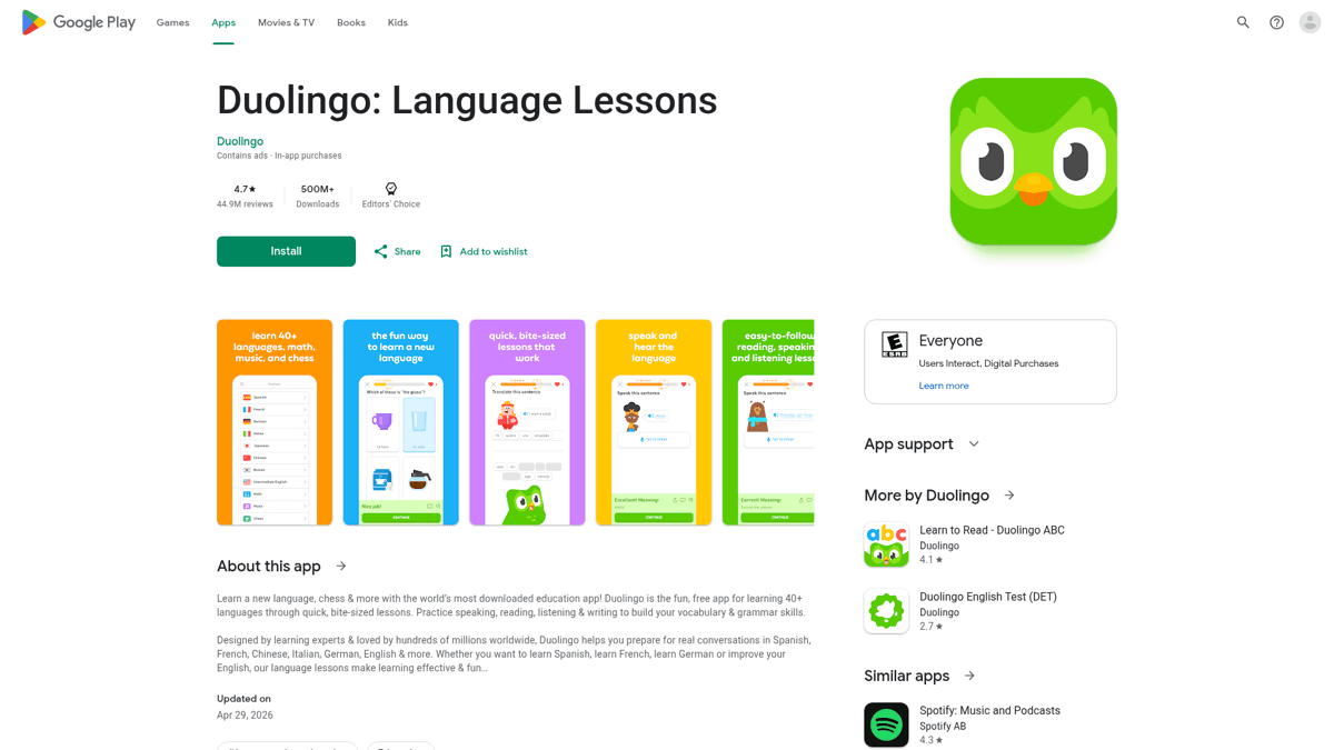 Duolingo's Google Play Store listing showing the short description and feature breakdown