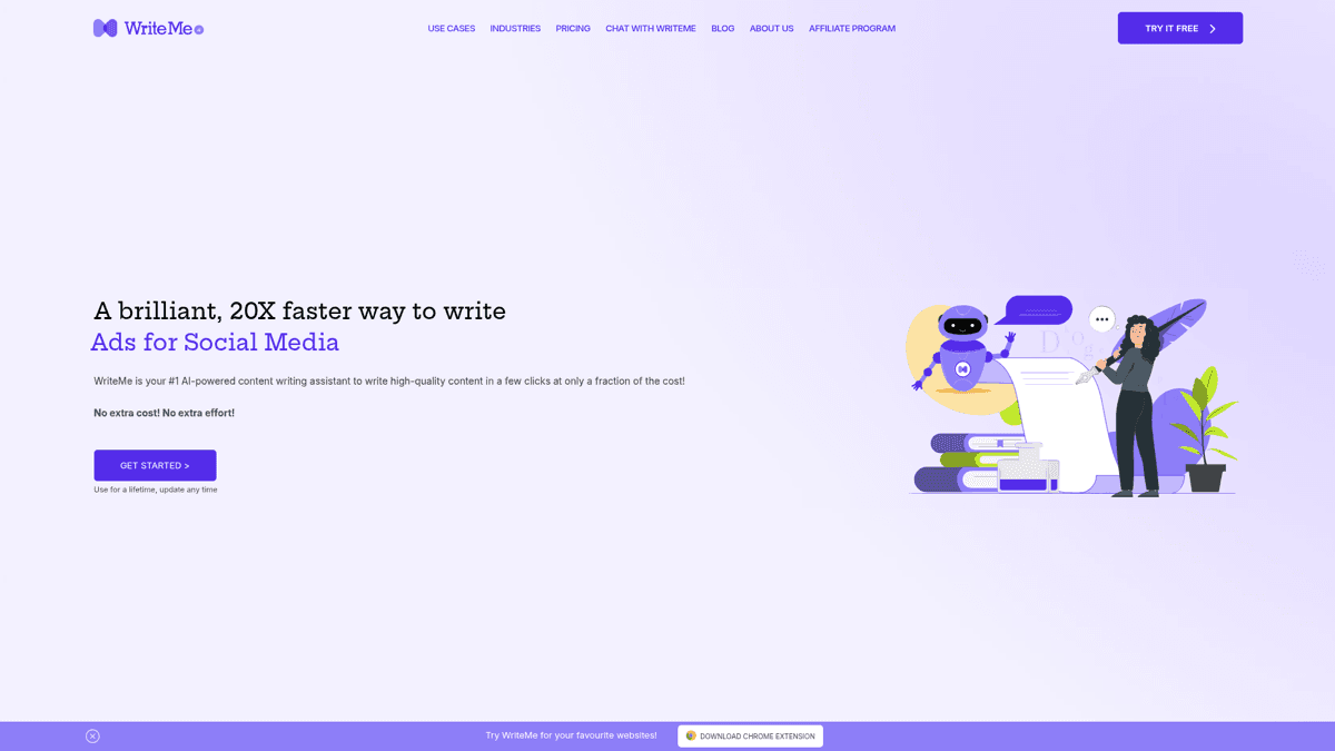 writeme.ai homepage showing the AI app description generator interface
