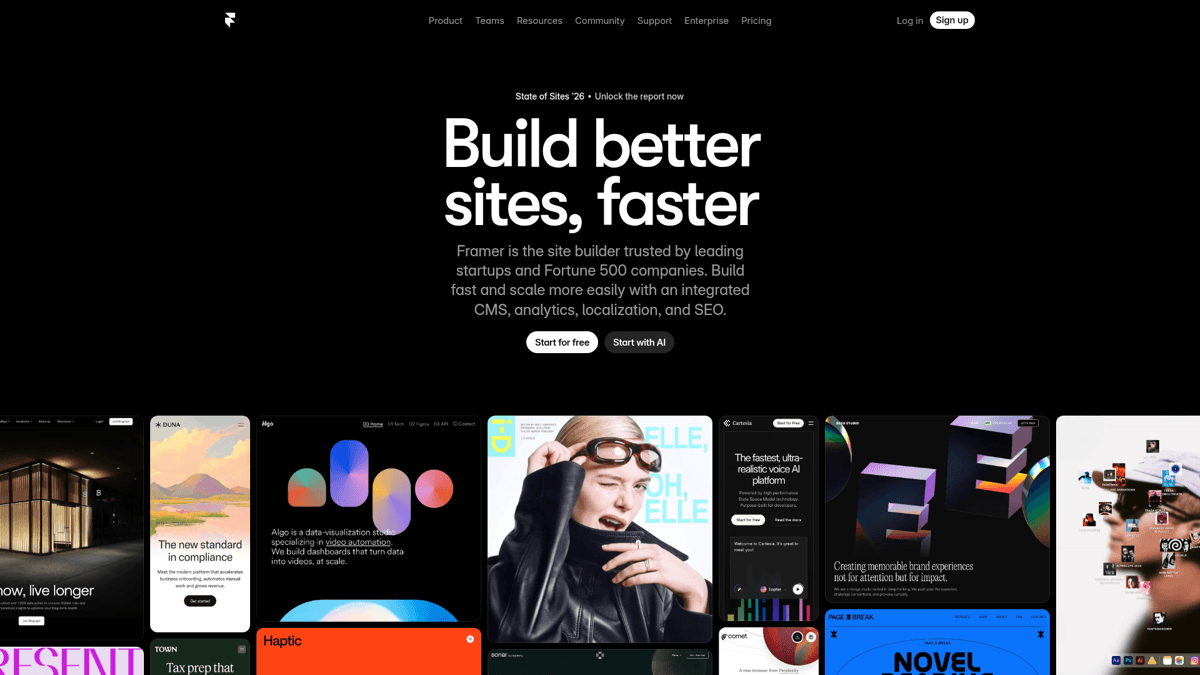 Framer homepage showing visual website builder