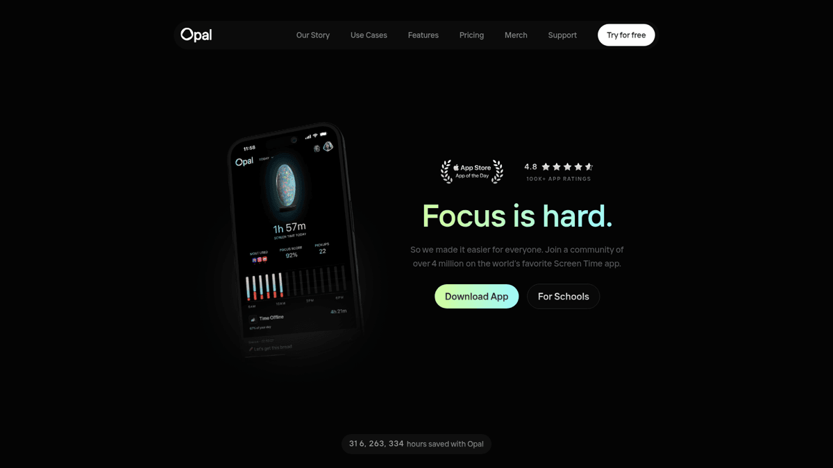 Opal app landing page showing clean hero section with device mockup