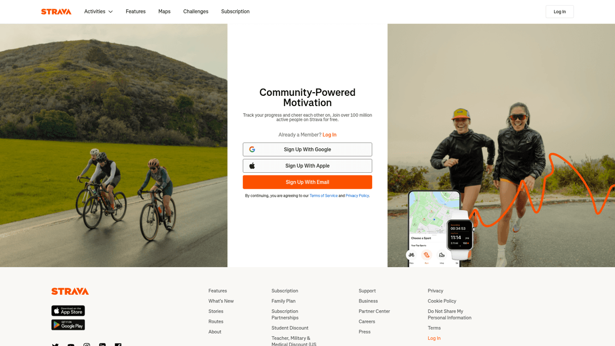 Strava landing page showing social proof and community focus