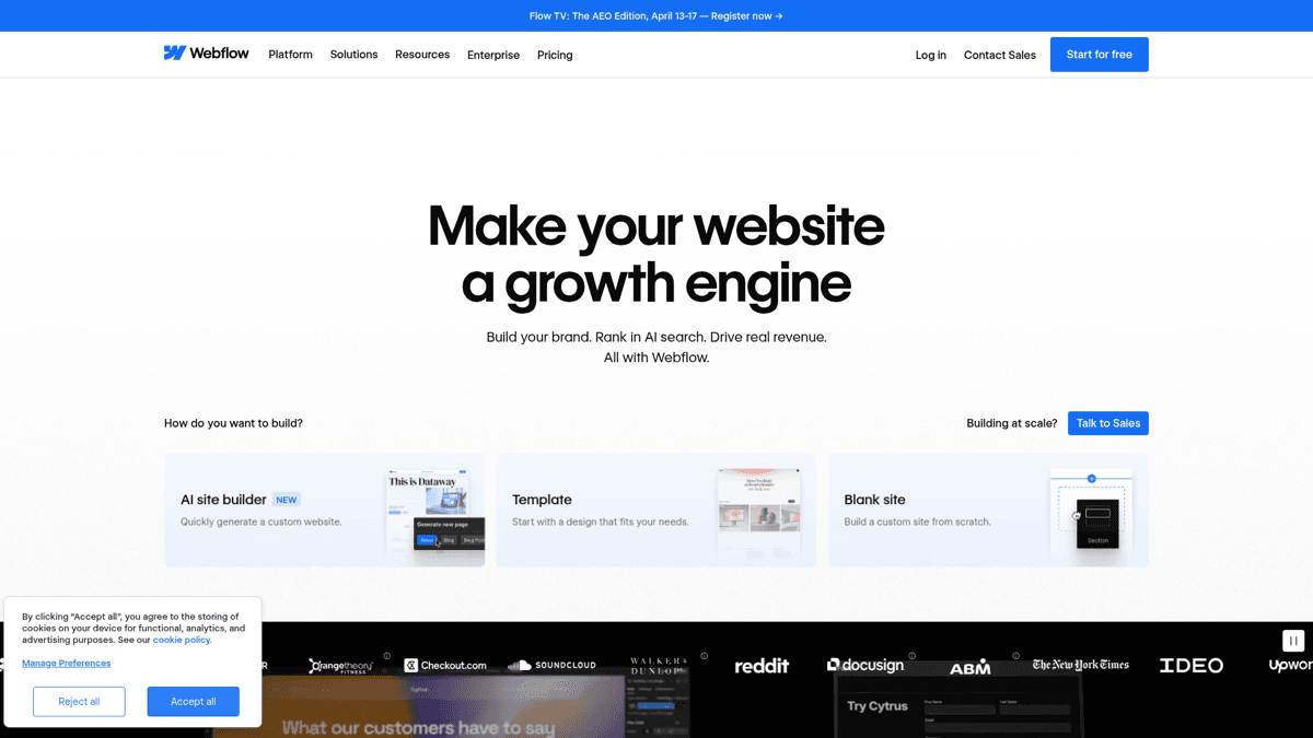 Webflow homepage showing professional website builder