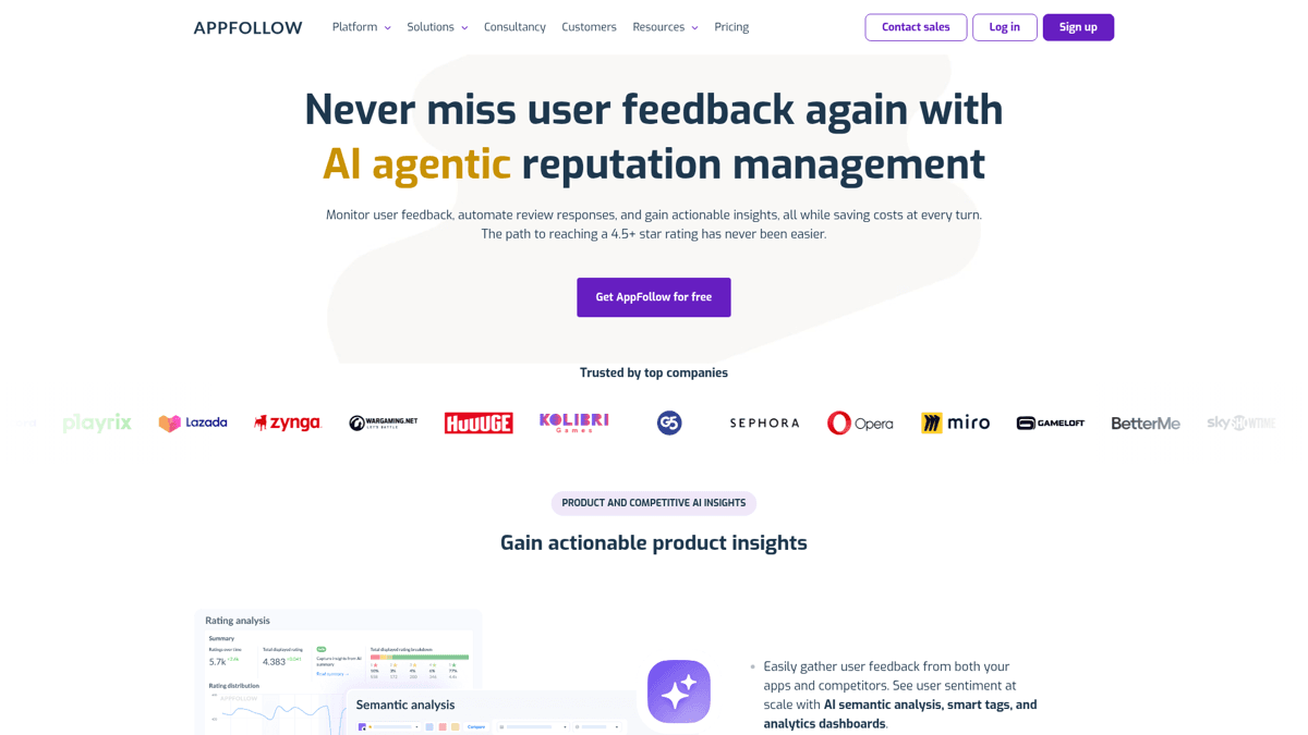 AppFollow homepage - review management and ASO platform