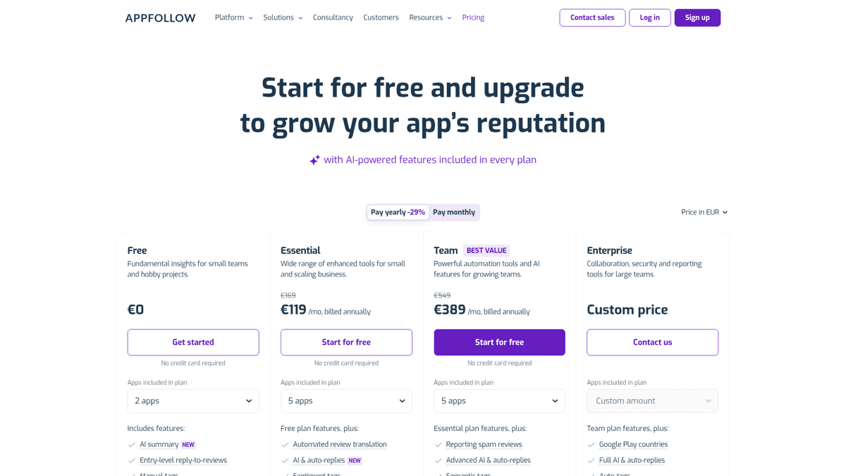 AppFollow pricing page showing plan tiers
