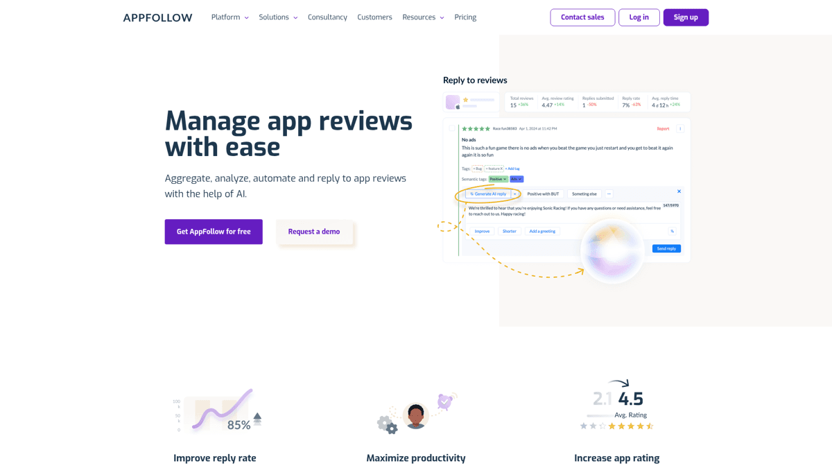AppFollow review management dashboard with AI reply features