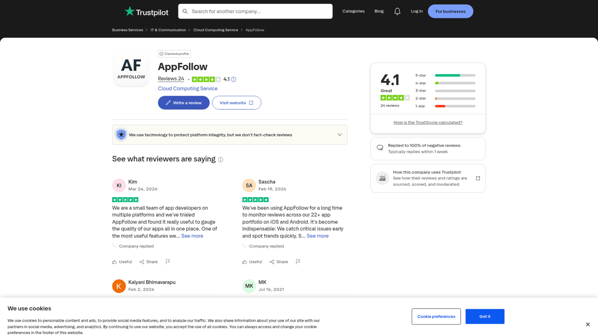 AppFollow Trustpilot page showing 4.1/5 rating