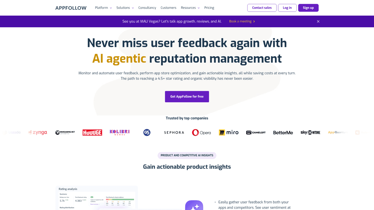 AppFollow dashboard focused on review sentiment and keyword tracking