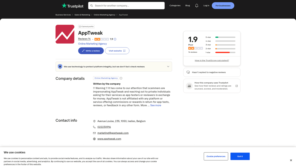 AppTweak Trustpilot reviews - 1.9 out of 5 rating