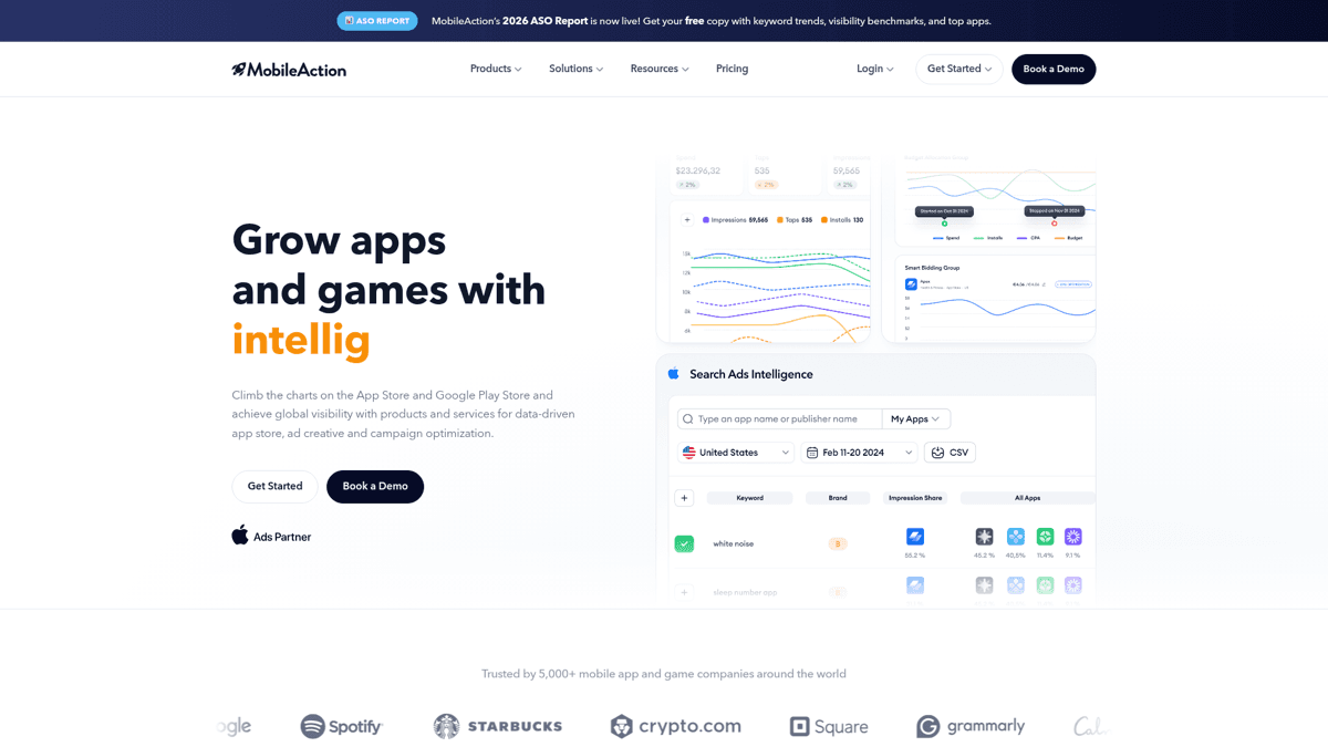 MobileAction homepage - affordable ASO and Apple Ads platform