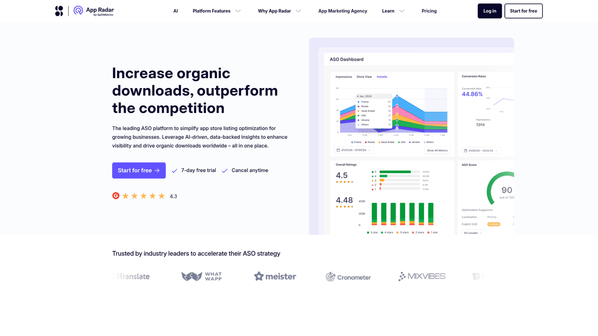 App Radar homepage - hybrid ASO tool and services
