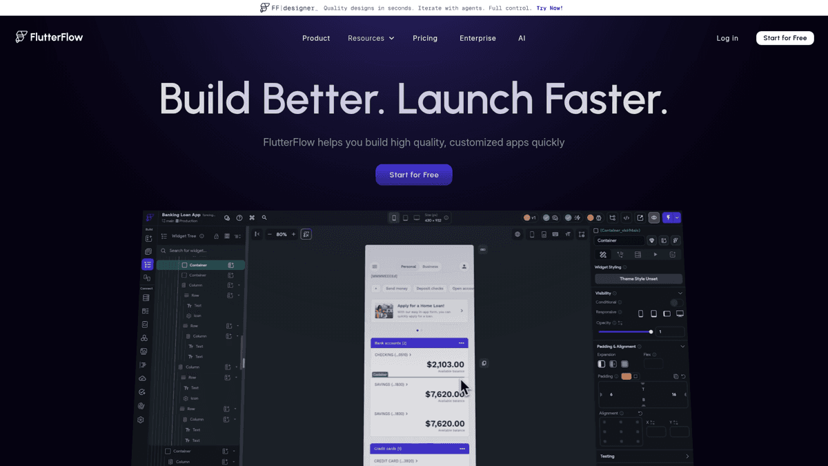 FlutterFlow visual app builder interface
