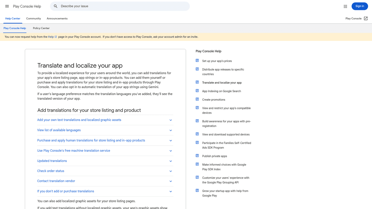 Google Play Console help docs on localized store listings